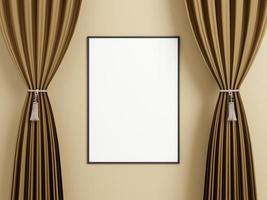 Minimalist vertical black poster or photo frame mockup on the wall between the curtain.