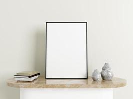 Minimalist vertical black poster or photo frame mockup on the marble table with decoration