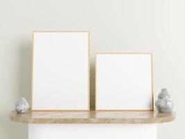 Minimalist wooden poster or photo frame mockup on the marble table with decoration