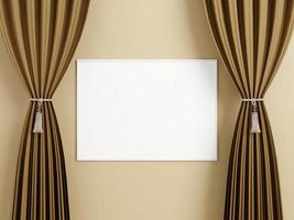 Minimalist horizontal white poster or photo frame mockup on the wall between the curtain.