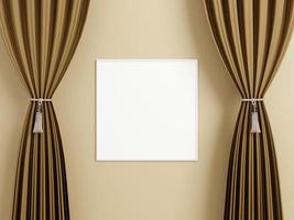 Minimalist square white poster or photo frame mockup on the wall between the curtain.