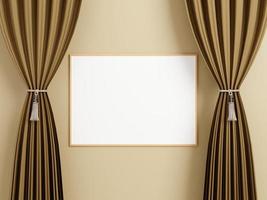cartel de madera horizontal minimalista o maqueta de marco de fotos en la pared entre la cortina.