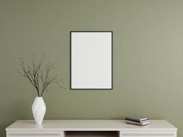 Minimalist vertical black poster or photo frame mockup on the wall with book and decoration