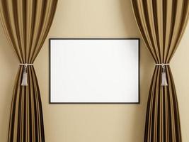 Minimalist horizontal black poster or photo frame mockup on the wall between the curtain.