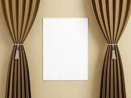 Minimalist vertical white poster or photo frame mockup on the wall between the curtain.