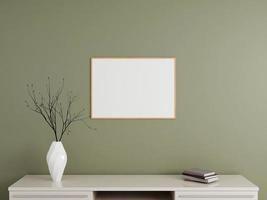 Minimalist horizontal wooden poster or photo frame mockup on the wall with book and decoration