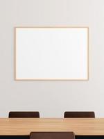 Minimalist horizontal wooden poster or photo frame mockup on the wall in the office meeting room.