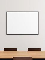 Minimalist horizontal black poster or photo frame mockup on the wall in the office meeting room.