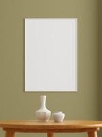 cartel blanco vertical minimalista o maqueta de marco de fotos en la pared de la sala de estar. representación 3d