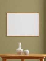 cartel de madera horizontal minimalista o maqueta de marco de fotos en la pared de la sala de estar. representación 3d