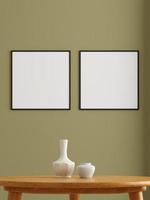 cartel negro cuadrado minimalista doble o maqueta de marco de fotos en la pared de la sala de estar. representación 3d