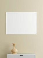 cartel blanco horizontal minimalista o maqueta de marco de fotos en la pared de la sala de estar con escritorio. representación 3d