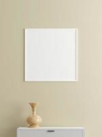 cartel blanco cuadrado minimalista o maqueta de marco de fotos en la pared de la sala de estar con escritorio. representación 3d
