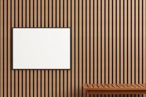 Modern and minimalist horizontal black poster or photo frame mockup on the outdoor wooden wall. 3d rendering.