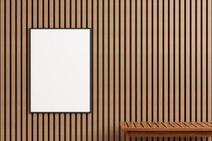 cartel negro vertical moderno y minimalista o maqueta de marco de fotos en la pared de madera al aire libre. representación 3d