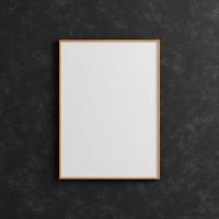 Modern and minimalist vertical wooden poster or photo frame mockup on the industrial black wall. 3d rendering.