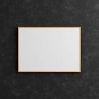 Modern and minimalist horizontal wooden poster or photo frame mockup on the industrial black wall. 3d rendering.