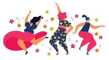 las mujeres felices bailan juntas. ilustración vectorial de chicas vector