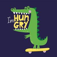 I'm hungry - funny hand drawn doodle, cartoon crocodile with open mouth on skateboard. Good for Poster or t-shirt textile graphic design. Vector hand drawn illustration. Crocodile dude.