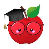 Felicitaciones a los graduados: estudiante inteligente de apple con gorra roja de posgrado. lindo personaje de manzana roja. garabato dibujado a mano para niños. bueno para textiles, juegos escolares, papeles pintados, papel para envolver, ropa. vector