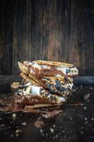 melted messy s'mores stack with toasted marshmallows photo