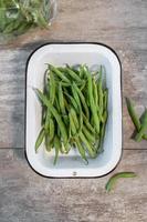 bunch of whole garden green beans in enamel pan flat lay photo