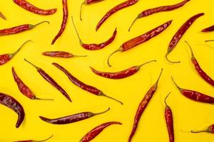 Chile de árbol rojo presentado como patrón sobre un divertido fondo amarillo vibrante