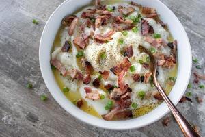 homemade bowl of mashed potatoes with bacon and green onions with butter flat lay photo
