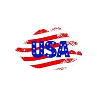 T-shirt print lips with word USA. Red blue white. Texture shape. Vector illustration. 4th of july concept. Banner of Independence day. Patriotic design. American flag color