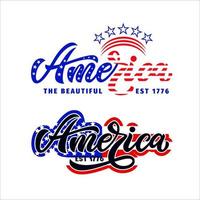 Two patriotic designs America The beautiful EST 1776. Hand lettering design. With stars and stripes. American flag colors. Vector. As t shirt print, logo, poster for 4th of july, Independence day USA vector