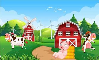 Farm scene with many animals in the field vector