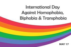 día internacional contra la homofobia, la bifobia y la transfobia el 17 de mayo. celebración, concienciar sobre las violaciones de los derechos lgbt. banner, plantilla de tarjeta de felicitación con cinta de rayas de arco iris de colores. vector