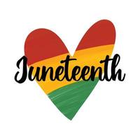 Hand drawn with brush artistic grunge textured heart in colors of Pan African flag - red, yellow, green. Cute Juneteenth greeting card design vector