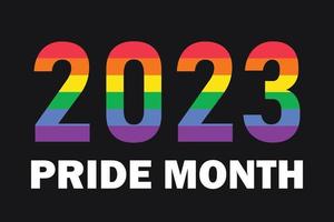 2023 in rainbow LGBTQ flag colors isolated on black background. Vector logo symbol of LGBTQ pride month 2023, template for banner, card, poster with text.