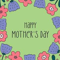 Happy Mother's Day greeting card with simple outline flowers border frame. Vector illustration, light green background. Template for invitation, birthday, advertising, social media.
