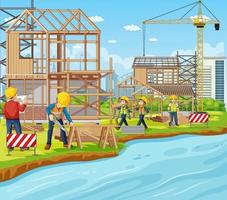 Building construction site with workers vector