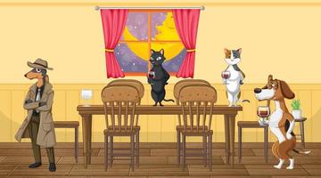 In house scene with dogs drinking wine vector