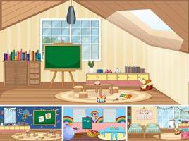 conjunto de diferentes escenas de aula de jardín de infantes vector