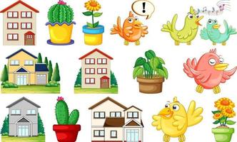 diferentes diseños de casas y lindos pájaros vector