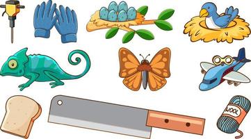 Different objects and animals on white background vector