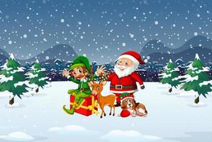 Snowy Christmas night scene with Santa Claus and friends vector