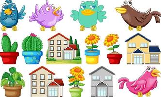 conjunto de casas y pájaros coloridos vector