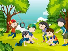 Outdoor park with children playing marbles vector