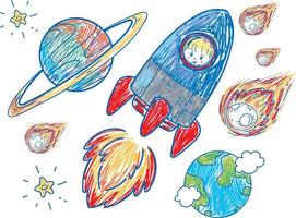 Coloured hand drawn spaceship collection vector