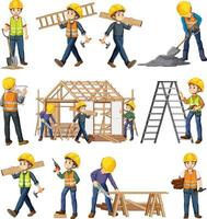 conjunto de objetos y trabajadores del sitio de construcción vector