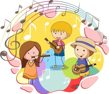 Doodle children with music instrument and melody