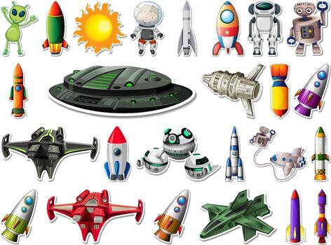 Sticker set of outer space objects and astronauts vector