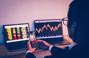 Businessman using cell phone with statistic graph of stock market analysis on laptop screen and technology. photo