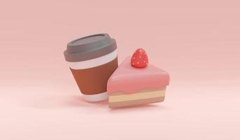 3d Rendering concept of food, American snack. A cup of coffee with strawberry cakr on pink background. 3D Render. 3D illustration. Minimal design template. photo