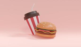 concepto de representación 3d de comida, desayuno americano. conjunto de comida hamburguesa y refresco sobre fondo rosa. procesamiento 3d ilustración 3d plantilla de diseño mínimo. foto